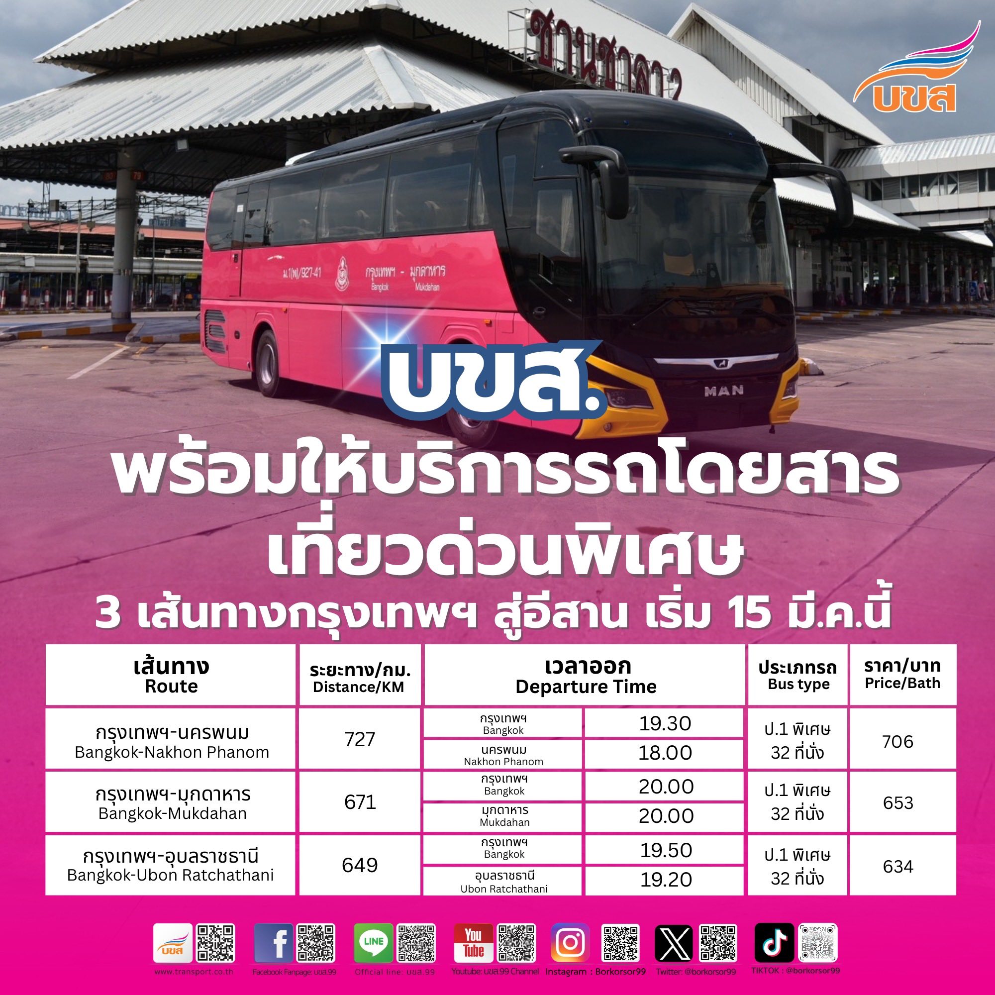 “บขส.” พร้อมให้บริการรถโดยสารเที่ยวด่วนพิเศษ 3 เส้นทางกรุงเทพฯ สู่อีสาน “นครพนม – มุกดาหาร – อุบลราชธานี” เริ่ม 15 มีนาคมนี้