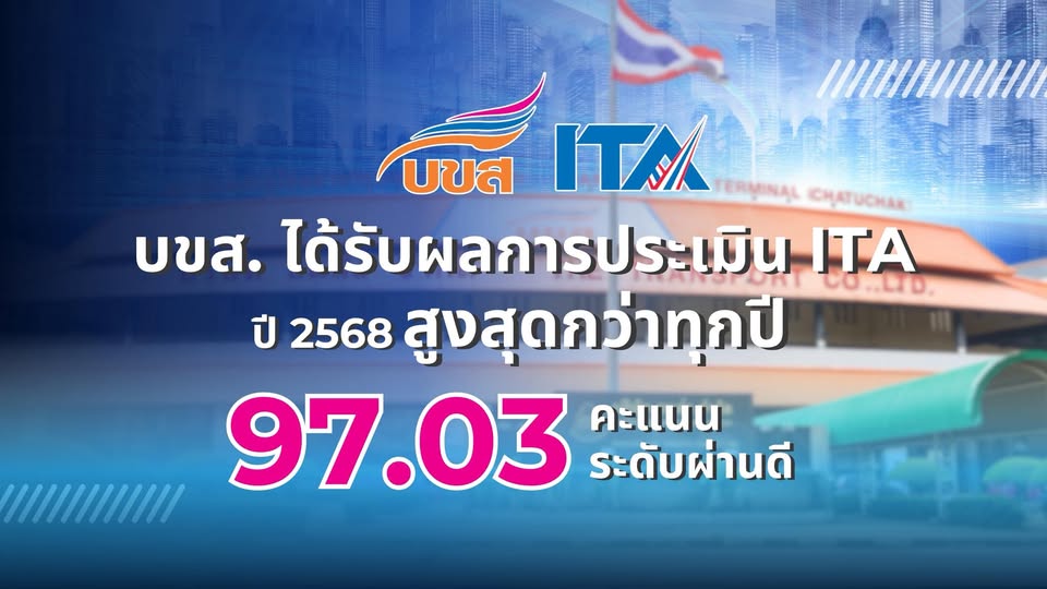 ภาพกราฟิกประชาสัมพันธ์ภาษาไทยเกี่ยวกับผลการประเมิน ITA ของ บขส. พื้นหลังโทนสีน้ำเงิน มีโลโก้ “บขส.” และ “ITA” ด้านบน พร้อมข้อความว่า: