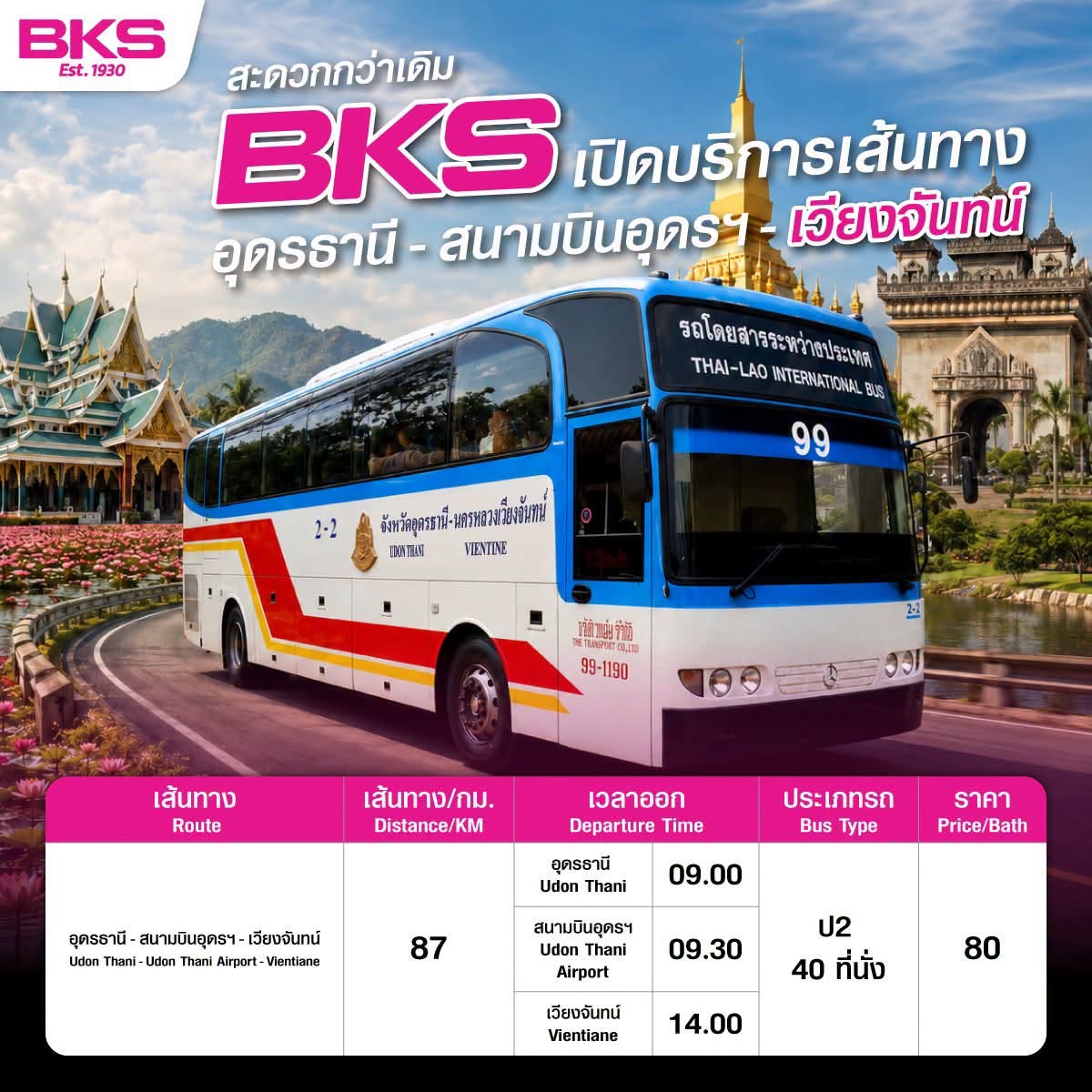 เชื่อมไทย–ลาว สะดวกกว่าเดิม!! “BKS” เปิดบริการเส้นทางอุดรธานี – สนามบินอุดรฯ – เวียงจันทน์ เริ่ม 9 ก.ย.นี้