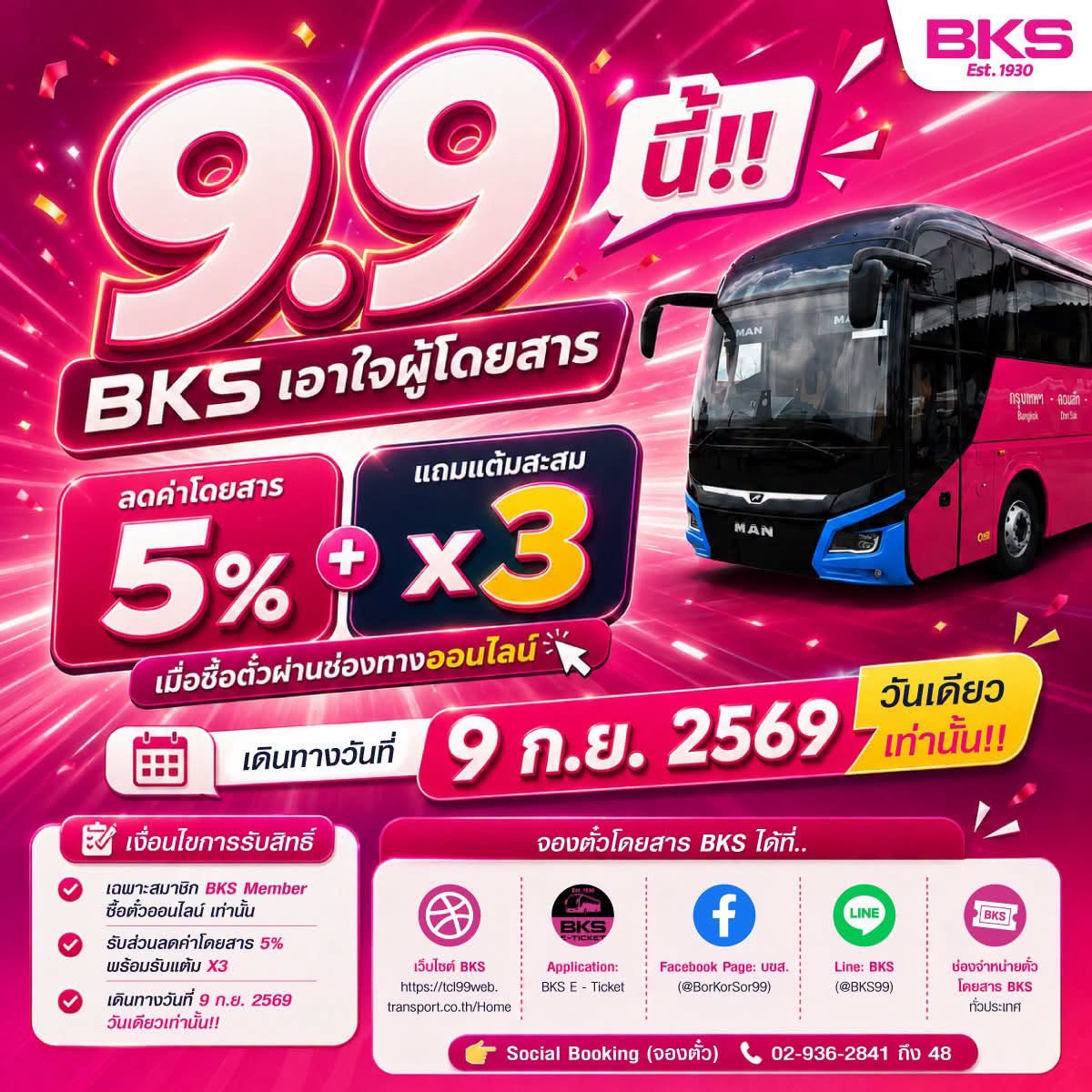 9.9 นี้ต้องจัด! ”BKS“ เอาใจผู้โดยสาร ลดค่าโดยสาร 5% แถมแต้มสะสมคูณ 3